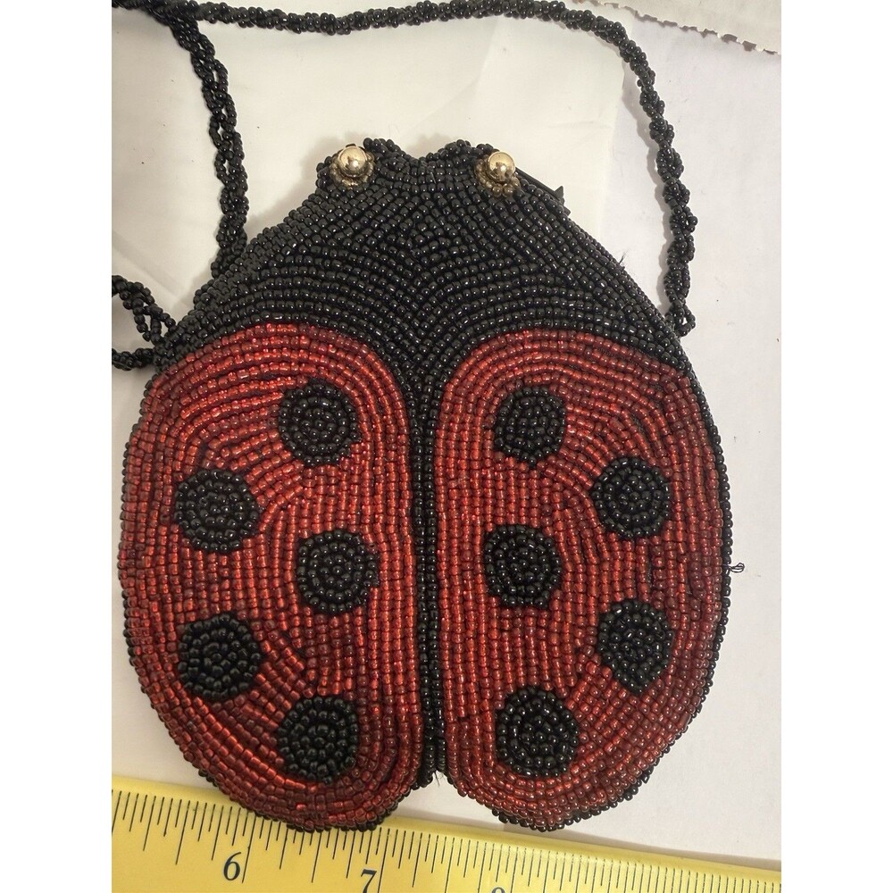 Red Black Beaded Ladybug 🐞Zippered Coin Purse 4.5" x 4.25" Long Lined Adorable